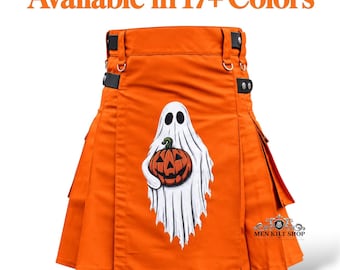 Kilt da uomo arancione con fantasma, zucca di Halloween e cinturino in pelle - Kilt utility per festival di Halloween - Taglie da 28" a 62" / Disponibile in oltre 17 colori
