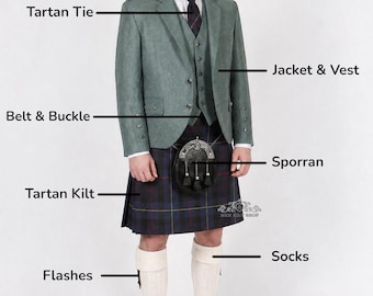 Traje completo de 10 piezas para falda escocesa Lovat Green Argyle para hombre. Disponible en más de 70 tartanes.