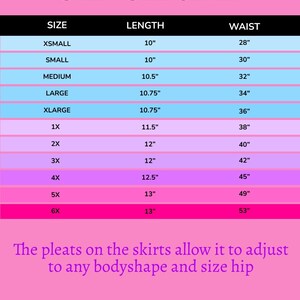 May include: A chart showing skirt sizes and corresponding lengths and waist measurements in inches. The chart includes sizes from X-Small to 6X. The chart is on a pink background with blue, purple, and pink stripes.