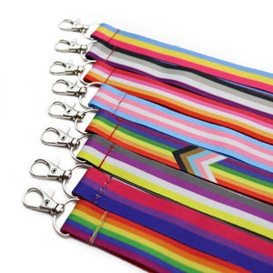 Könnte beinhalten: Eine Sammlung farbenfroher Schlüsselbänder mit Metall-Drehhaken. Jedes Schlüsselband zeigt ein anderes Streifenmuster, einschließlich Regenbogen- und anderer Pride-Flaggen-Designs. Die Schlüsselbänder werden vor einem weißen Hintergrund gezeigt.