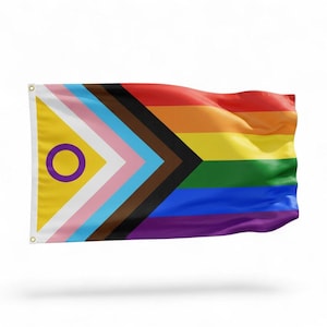 Puede incluir: Una bandera ondeante con el diseño de la bandera del Orgullo Progresista. La bandera incluye los colores tradicionales del arcoíris, junto con los colores y símbolos que representan a la comunidad transgénero, las personas intersexuales y las personas de color.