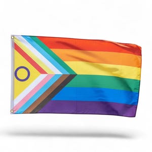 Könnte beinhalten: Eine Regenbogenflagge mit einem gelben Dreieck und einem blauen Kreis. Die Flagge hat einen Regenbogen aus Farben, darunter Rot, Orange, Gelb, Grün, Blau und Lila. Zusätzliche Farben sind Weiß, Rosa, Braun und Hellblau. Die Flagge ist aus leichtem Material.
