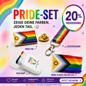 Può includere: Immagine promozionale per un set Pride, con spilla, trucco per il viso, cordino e bandiera. La bandiera misura 90 x 150 cm. Il set include uno sconto del 20%. Il testo include "Pride-Set" e "Mostra i tuoi colori, ogni giorno."