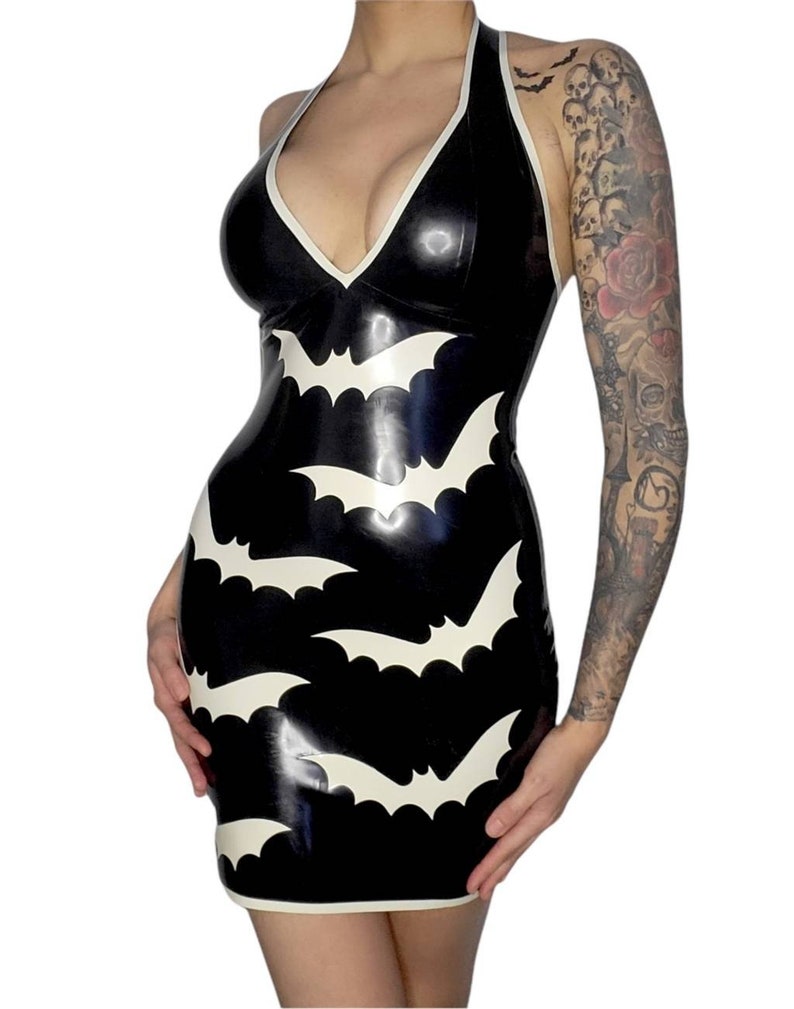 HALLOWEEN Latex Bat Applique Halterneck Dress image 1