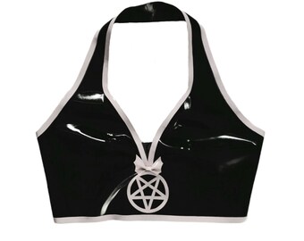 Goth Latex Pentacle Pentagram and Bat Bow Halterneck Bra Top