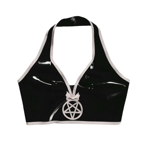 Goth Latex Pentacle Pentagram and Bat Bow Halterneck Bra Top