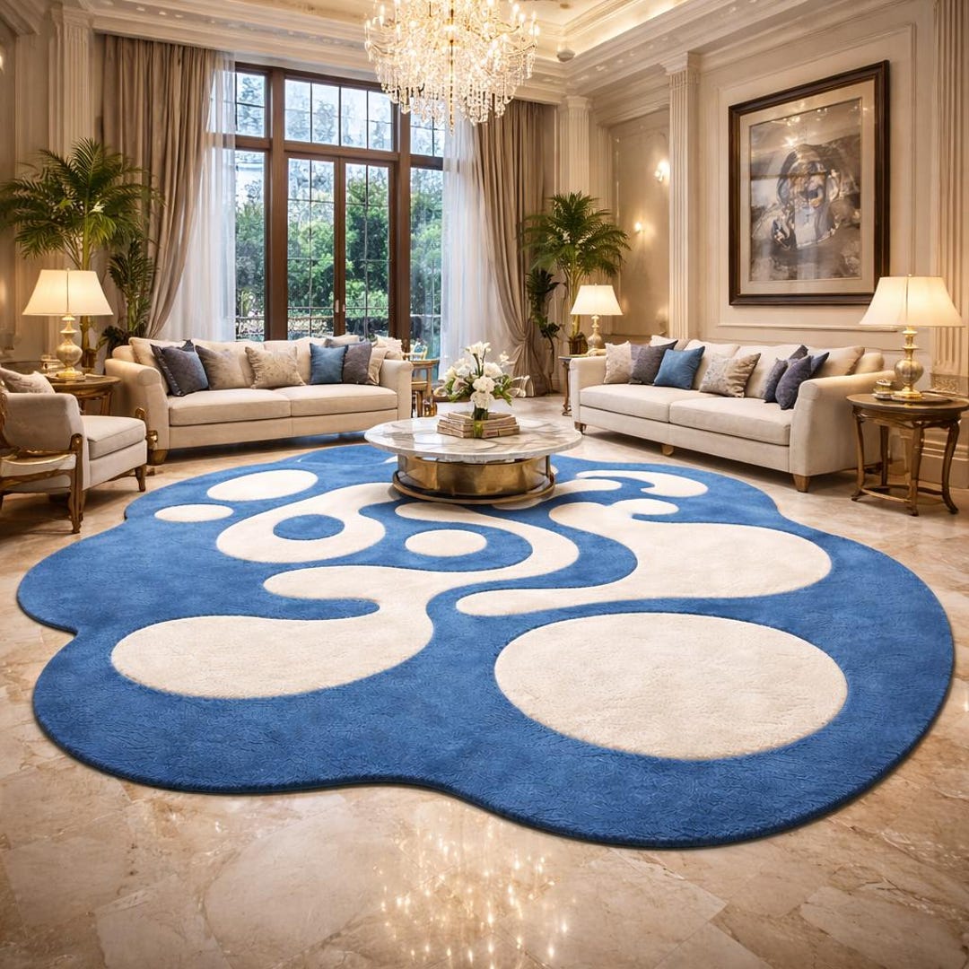 Hand Tufted Abstract Blue Wool Rug, Organic Shape Modern Area Rug - Etsy