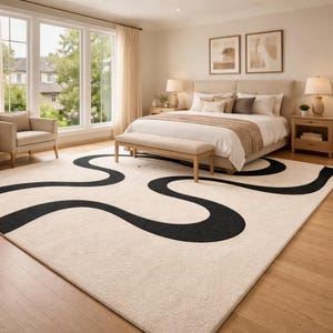 Modern Abstract Tufted Rug, Handmade Neutral Cream Black Area Carpet