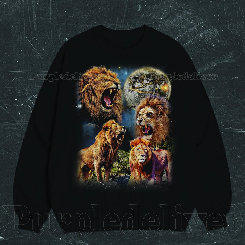 May include: Black sweatshirt featuring a graphic of four lions with open mouths, a full moon, and a starry night sky. The lions are various shades of brown and tan. The sweatshirt is a crew neck style.