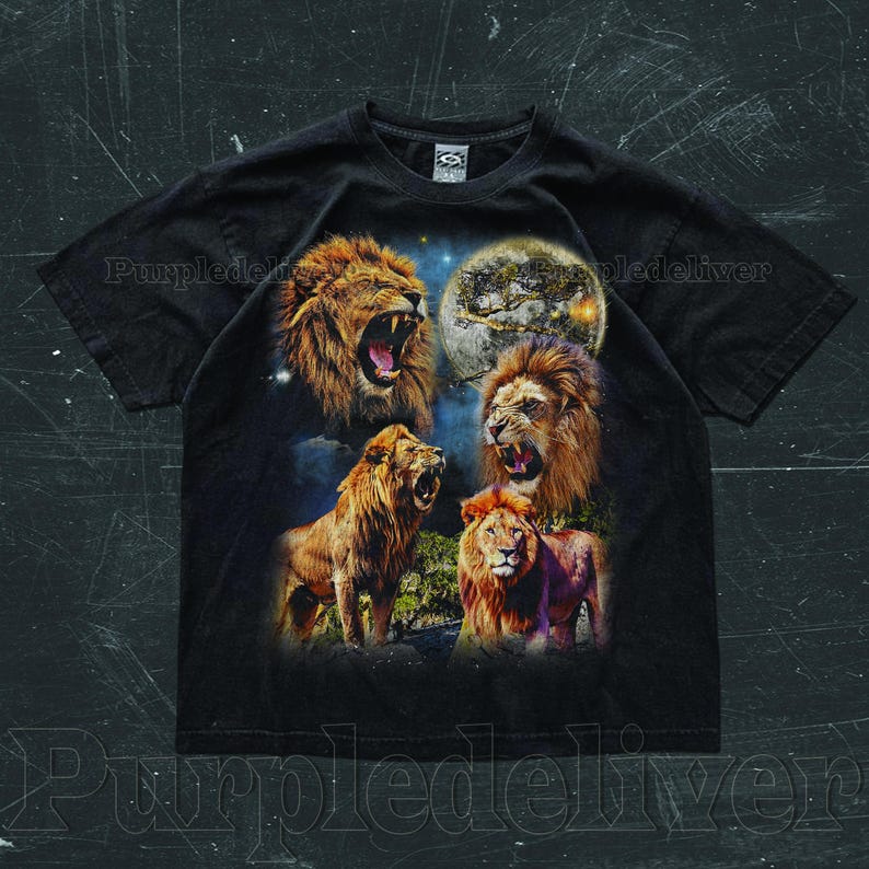 May include: Black t-shirt featuring a vibrant graphic of four lions with open mouths, set against a night sky with a full moon. The lions are depicted in shades of brown and orange, creating a striking contrast.