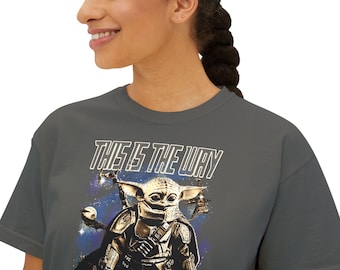 Damska koszulka typu boxy, koszulka inspirowana Grogu, koszulka z krótkim topem, koszulka retro z lat 90., najwyższa jakość, super polecana dla kobiet