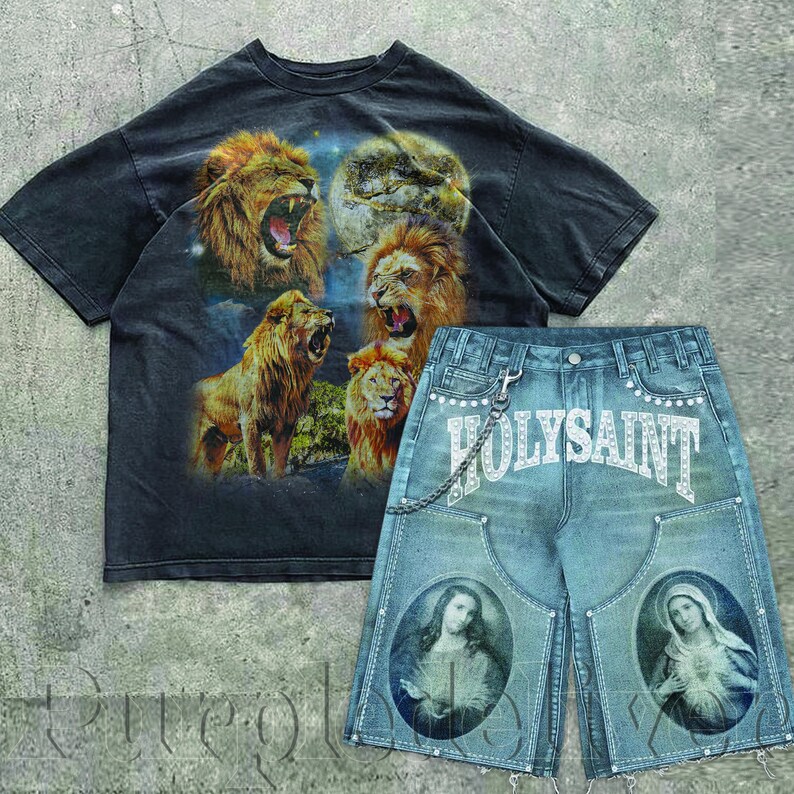 May include: A black t-shirt with a graphic of roaring lions and a full moon, paired with denim shorts. The shorts feature the text "HOLYSAINT" and two oval portraits.
