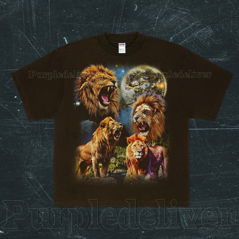May include: Brown t-shirt featuring a graphic of four lions with open mouths, set against a night sky with a full moon. The lions are depicted in shades of brown and gold, with detailed manes and expressions.