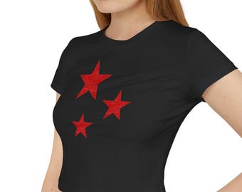 Women's Baby Tee, Three Star Graphic Shirt, Crop Top Shirt, Retro 90s Vintage Tshirt, Aesthetic Space, Super Recommended For Women's Style