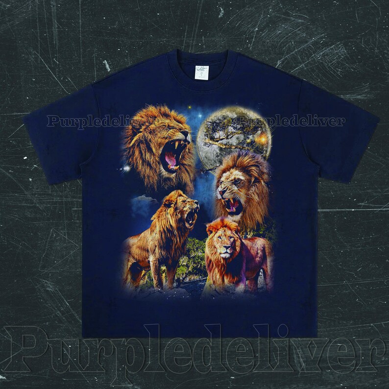 May include: Navy blue t-shirt featuring a graphic of four lions with open mouths, a full moon, and a starry night sky. The image has a detailed, realistic style. The text "Purpledeliver" is printed on the shirt.