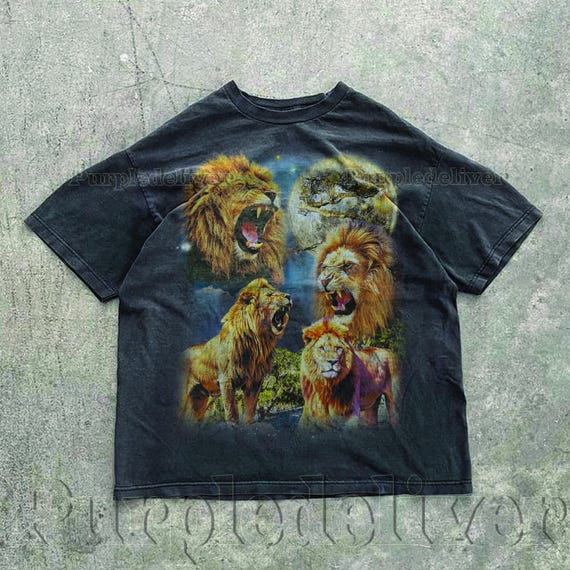 Four Lions Vintage Graphic T-shirts, Retro Lion Moon Tshirt, Lion Lovers Gift, Funny Graphic Tee, Oversized Washed Tee, Weirdcore Nature Tee