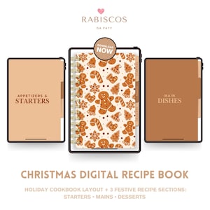 Pode incluir: Um livro de receitas digital de Natal com tema de pão de gengibre. O livro é exibido em um tablet com encadernação em espiral e apresenta seções para entradas, pratos principais e sobremesas. A capa e as abas são de cor marrom claro, e o texto "Christmas Digital Recipe Book".