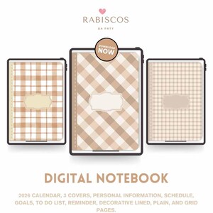 Pode incluir: Três cadernos digitais com capas xadrez bege e branco. Cada caderno tem um rótulo decorativo. O texto "DIGITAL NOTEBOOK" é exibido abaixo, com detalhes do produto.