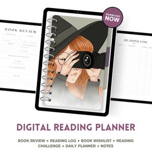 Pode incluir: Planejador de leitura digital com uma ilustração de bruxa segurando uma câmera. O planejador inclui revisão de livros, registro de leitura, lista de desejos de livros, desafio de leitura, planejador diário e notas.