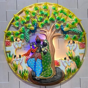 LED Radha Krishna Wall Hanging: Metal Tree of Life Art, Indian Decor