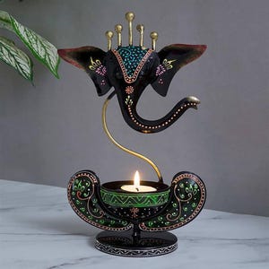 Handmade Ganesha Tealight Holder: Indian Metal Candle Stand, Diwali Decor