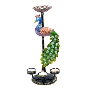 Handcrafted Peacock Tealight Candle Holder – Indian Metal Decor with Lotus Top, 3 Diya Stand, Diwali Centerpiece, Ethnic Home Accent