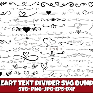 Divisores de texto en forma de corazón SVG: Borde de boda, corona, garabato (descarga digital)