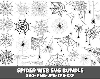 Puede incluir: Una colección de diseños de telarañas en blanco y negro de varias formas y tamaños. Algunas telarañas tienen arañas. El texto "SPIDER WEB SVG BUNDLE" está en la parte inferior, junto con abreviaturas de tipos de archivo.
