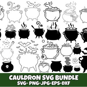 May include: A collection of black and white cauldron designs, perfect for Halloween or witch-themed projects. The image includes various cauldron styles, some with bubbling potions, bats, and other spooky elements. The text "CAULDRON SVG BUNDLE" is displayed at the bottom.