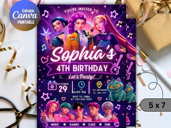 K-Pop Styled Birthday Invitation, Editable Canva Template, 5x7 Party Invite (Digital Download)