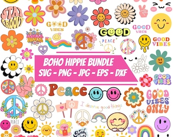 Boho Hippie-Svg-Bundle, Groovy Svg, Retro-Blumen-Svg, Retro-Svg, glückliches Gesicht Png, gute Stimmung svg, Smiley Gesicht Png, Schnitt für Cricut, Silhouette