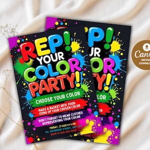 Może przedstawiać: Dwa czarne ulotki z kolorowym tekstem i plamami farby. Tekst brzmi "REP YOUR COLOR PARTY!" i zawiera szczegóły wydarzenia. Logo Canva do natychmiastowego pobrania znajduje się w rogu.