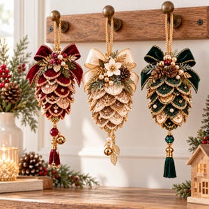 May include: Three hanging pinecone-shaped ornaments in red, cream, and green. Each features a velvet bow, gold cord, decorative beads, pine needles, and a dangling tassel or charm. The ornaments are suspended from a wooden wall hook rack.
