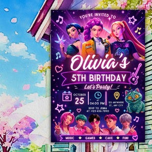May include: A digital birthday invitation card featuring a purple neon theme with illustrations of seven stylized characters, a cat, and musical icons. Text includes Olivia's 5TH BIRTHDAY, October 25, 04:00 PM, 123 Anywhere St., Any City, RSVP to Jenna at 123-456-7890, and Music, Games, Cake, Fun.