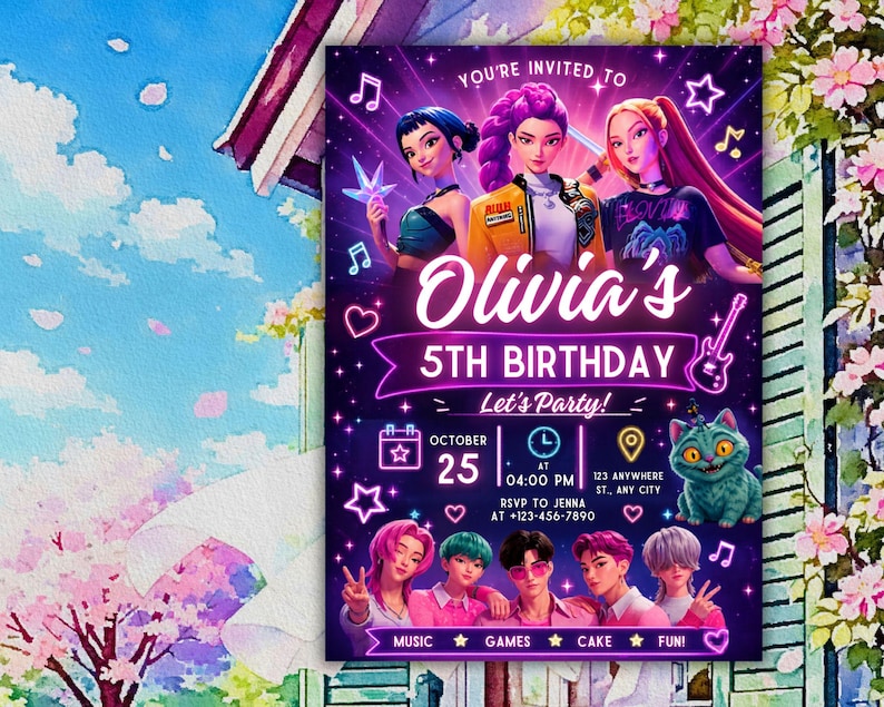 May include: A digital birthday invitation card featuring a purple neon theme with illustrations of seven stylized characters, a cat, and musical icons. Text includes Olivia's 5TH BIRTHDAY, October 25, 04:00 PM, 123 Anywhere St., Any City, RSVP to Jenna at 123-456-7890, and Music, Games, Cake, Fun.