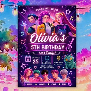 May include: A digital birthday party invitation featuring three animated characters at the top and five at the bottom. Text reads: You're invited to Olivia's 5th Birthday, Let's Party, October 25 at 04:00 PM, 123 Anywhere St, Any City, RSVP to Jenna at +123-456-7890, Music, Games, Cake, Fun.