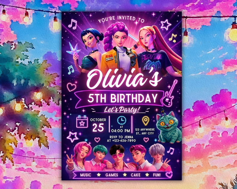May include: A digital birthday party invitation featuring three animated characters at the top and five at the bottom. Text reads: You're invited to Olivia's 5th Birthday, Let's Party, October 25 at 04:00 PM, 123 Anywhere St, Any City, RSVP to Jenna at +123-456-7890, Music, Games, Cake, Fun.