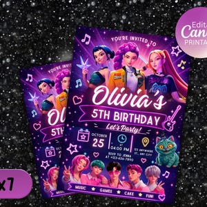 May include: A digital birthday invitation card featuring a group of animated characters in a neon purple setting. The text reads Olivia's 5th Birthday, Let's Party, October 25 at 04:00 PM, 123 Anywhere St., Any City, and RSVP to Jenna at 123-456-7890.