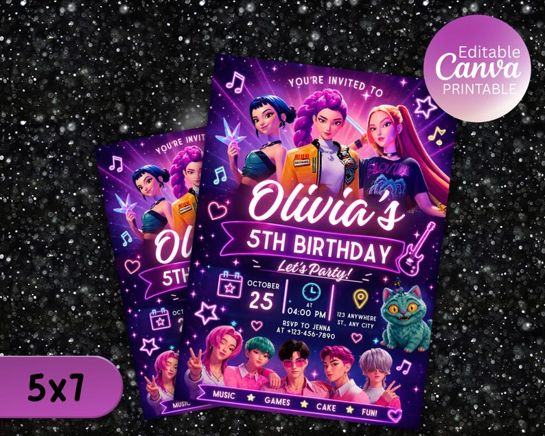 May include: A digital birthday invitation card featuring a group of animated characters in a neon purple setting. The text reads Olivia's 5th Birthday, Let's Party, October 25 at 04:00 PM, 123 Anywhere St., Any City, and RSVP to Jenna at 123-456-7890.