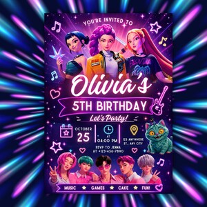May include: A digital birthday invitation flyer for Olivia's 5th birthday party. The design features three animated characters at the top, a neon-style purple banner, a green cat illustration, and five characters at the bottom. Text includes Olivia's 5th Birthday, Let's Party, October 25, 04:00 PM, 123 Anywhere St., Any City, and RSVP to Jenna at +123-456-7890.