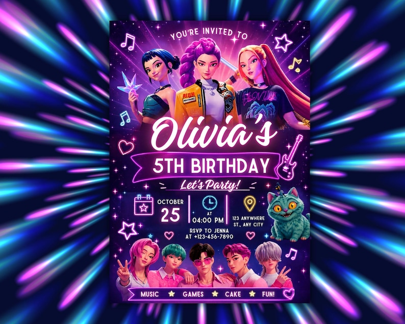 May include: A digital birthday invitation flyer for Olivia's 5th birthday party. The design features three animated characters at the top, a neon-style purple banner, a green cat illustration, and five characters at the bottom. Text includes Olivia's 5th Birthday, Let's Party, October 25, 04:00 PM, 123 Anywhere St., Any City, and RSVP to Jenna at +123-456-7890.