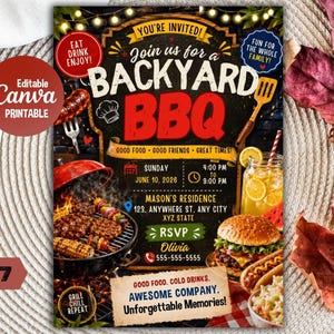 May include: A Backyard BBQ invitation with a rustic design. The invitation features the text "Join us for a Backyard BBQ" in large letters, along with images of grilled food and drinks. The invitation is 5x7 inches.