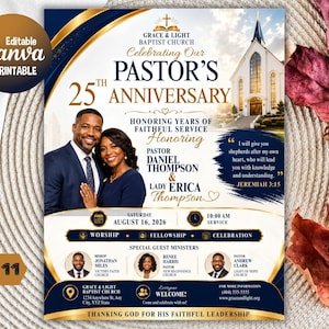 May include: A flyer for a 25th anniversary celebration for Pastor Daniel and Lady Erica Thompson at Grace & Light Baptist Church. The design features a church building, photos of the couple, event details for August 16, 2026, and guest ministers.