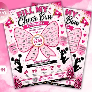 Può includere: Un volantino per raccolta fondi stampabile rosa e bianco intitolato FILL MY CHEER BOW con un grande fiocco contenente cerchi per donazioni da 5 a 20 $, un obiettivo di 250 $, sagome di cheerleader, megafoni e dimensioni di 21,6 x 27,9 cm.