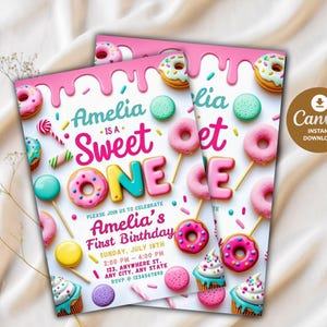 May include: Two pink and white birthday invitations with a sweet theme. The invitations feature the text "Amelia is a Sweet One" with colorful illustrations of donuts, lollipops, and cupcakes. The Canva instant download logo is in the corner.