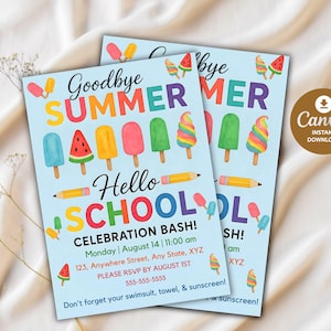 EDITABLE Back of School Party Invitation Hello School So Long Summer Bash, End of Summer Party Goodbye Summer Printable Invite Instant DIY