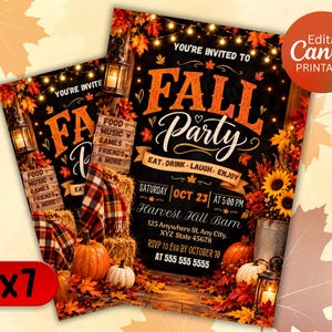 May include: A 5x7 fall party invitation template featuring a black background with orange text that reads YOU'RE INVITED TO FALL PARTY, EAT DRINK LAUGH ENJOY, SATURDAY OCT 23 AT 5:00 PM, Harvest Hill Barn, 125 Anywhere St, Any City, XYZ State 45678.