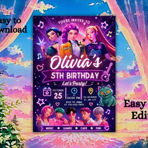 May include: A digital birthday invitation card featuring a group of animated characters in a concert setting. The text reads Olivia's 5th Birthday, October 25 at 04:00 PM, 123 Anywhere St., Any City, and RSVP to Jenna at +123-456-7890 with music, games, cake icons.