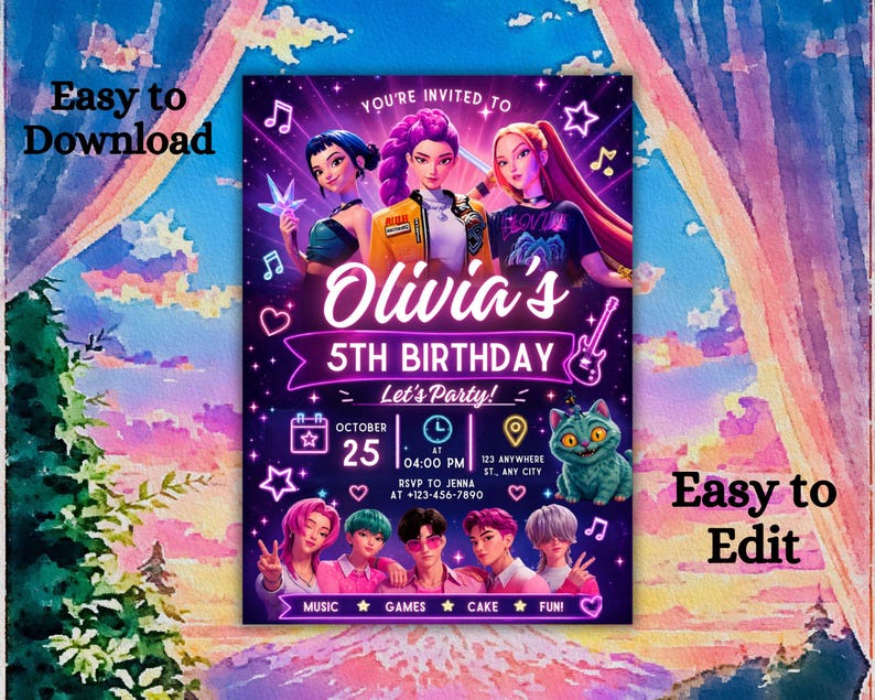 May include: A digital birthday invitation card featuring a group of animated characters in a concert setting. The text reads Olivia's 5th Birthday, October 25 at 04:00 PM, 123 Anywhere St., Any City, and RSVP to Jenna at +123-456-7890 with music, games, cake icons.