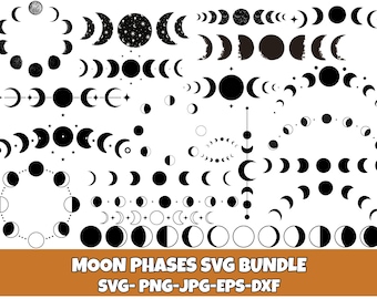 May include: Black and white moon phase designs in various crescent shapes, circles, and phases, with stars and celestial elements. The image includes the text "MOON PHASES SVG BUNDLE" and file type information.